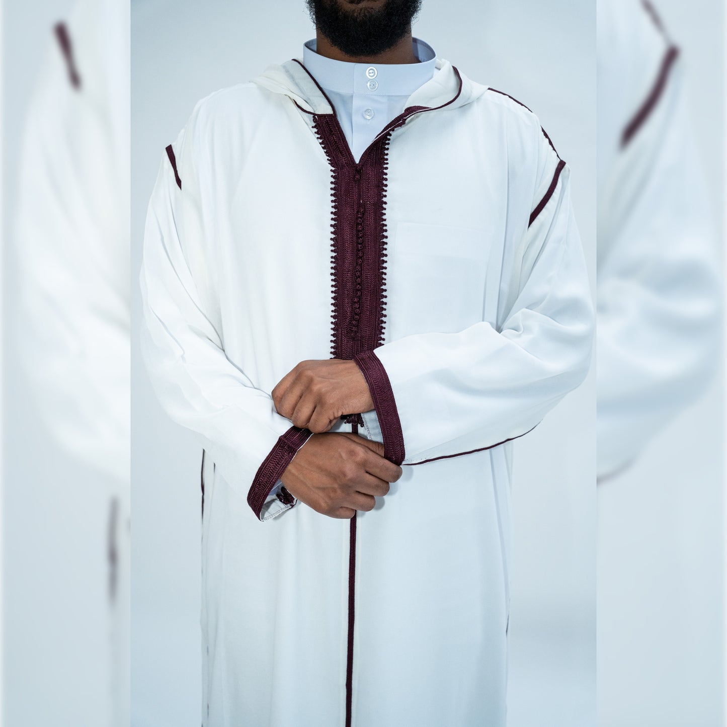 White and burgundy djellaba sousdi